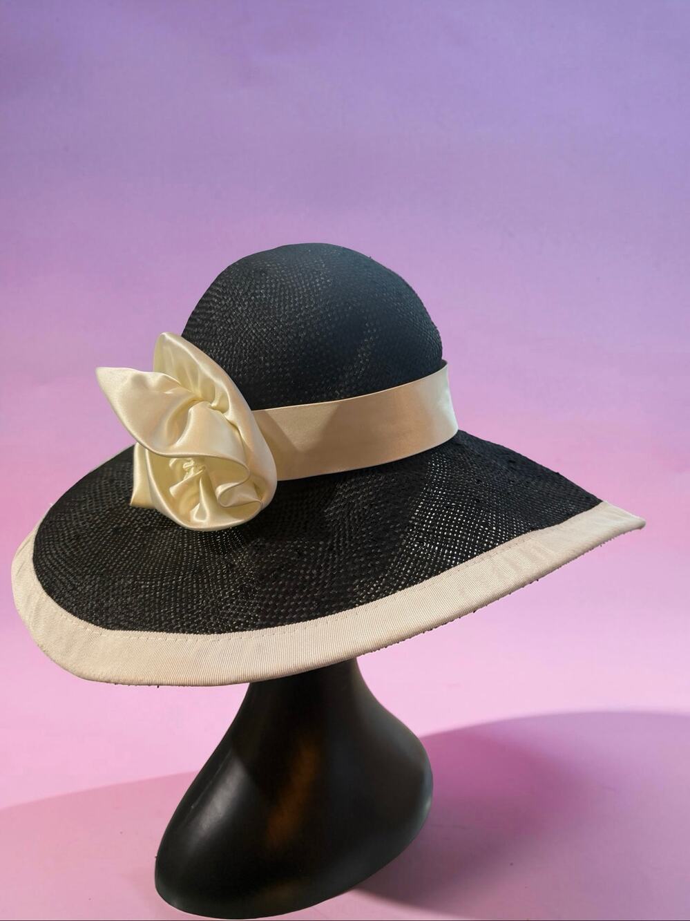 Vintage Mr. John Classic Wide Brim Black White Church Derby Wedding Hat